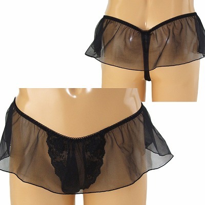 メンズ シースルースカート付きレース刺繍Tバック (ブラック)(ランジェリー)