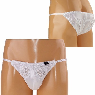 メンズ 光沢ストレッチ生地レース装飾フルバック ホワイト(ランジェリー)