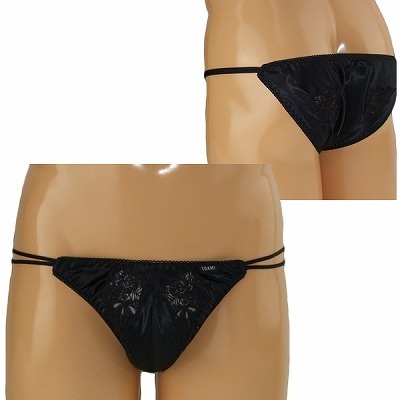 メンズ 光沢ストレッチ生地レース装飾フルバック ブラック(ランジェリー)